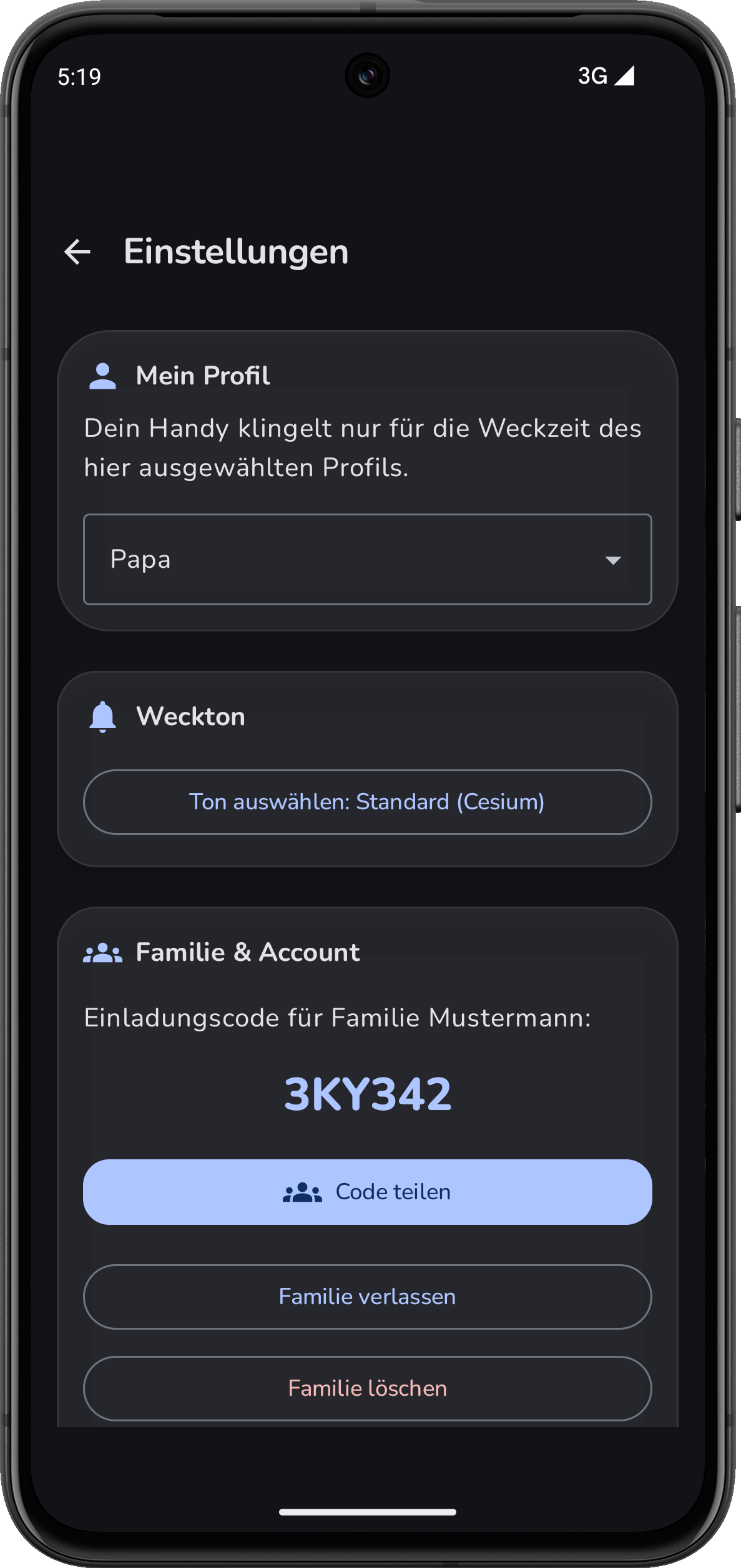 Einladungscode & Familie (Dark Mode)